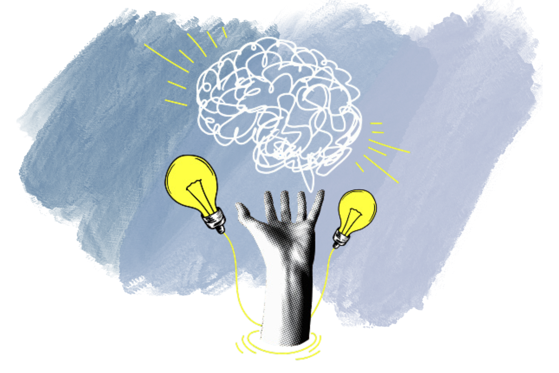 Pop art style collage. Halftone hand controls brain. Brain, light bulb. Intelligence, knowledge accumulation. Сut out newspaper elements. Modern design. Idea, inspiration, marketing concept.